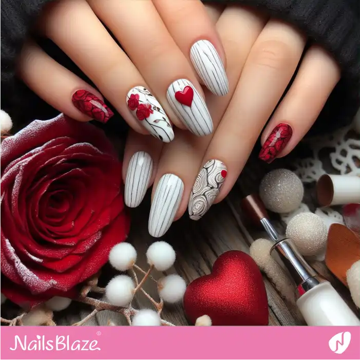 Red Roses Nail Art with a Heart Accent Nail | Valentine Nails - NB2696